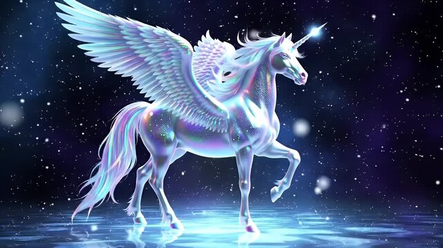 Glowing ethereal Pegasus with iridescent wings standing on an icy reflective surface beneath a starry night sky