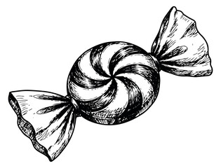 Hand drawn line art illustration of a candy depicting a twisted wrapper and spiral pattern for sweet confectionery and dessert designs