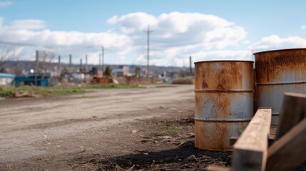 Obraz premium Industrial Abandoned Landscape with Rusty Barrels and Cloudy Sky Captured in Documentary Style