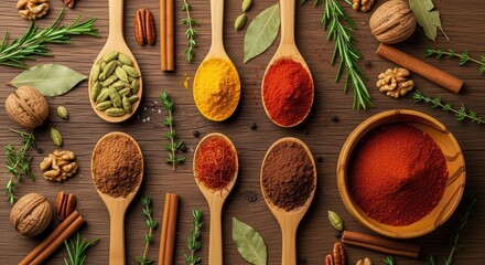 Colorful collection of assorted spices and herbs in wooden spoons and bowls on a rustic wooden table