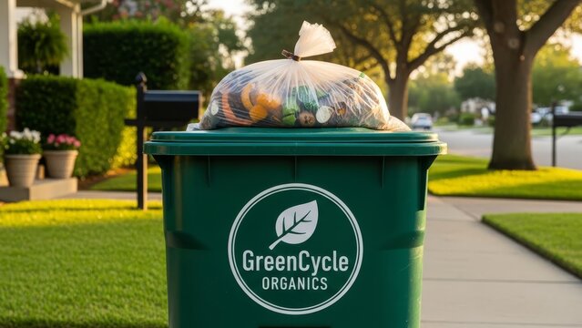 Full green compost bin with clear plastic bag of organic waste and household refuse awaiting curbside collection