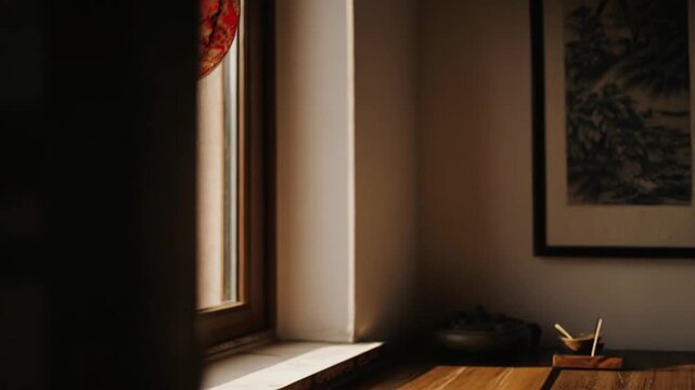 A red Chinese lantern hanging by a window in a dimly lit room with a framed picture on the wall, suggesting a cultural decor