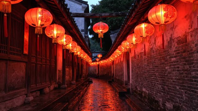 A serene alleyway in an old Asian city with traditional lanterns lit up on a rainy evening