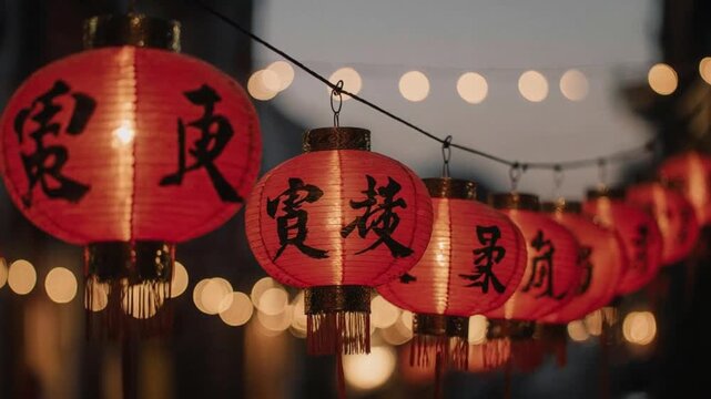 A string of red Chinese lanterns with black calligraphy hang outdoors at dusk amidst warm string lights