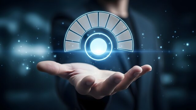 A futuristic hand interacting with a glowing blue digital interface in a dark environment - Powered by Adobe