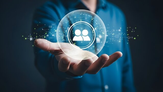 A person interacting with a futuristic digital interface with people icons and network connections - Powered by Adobe