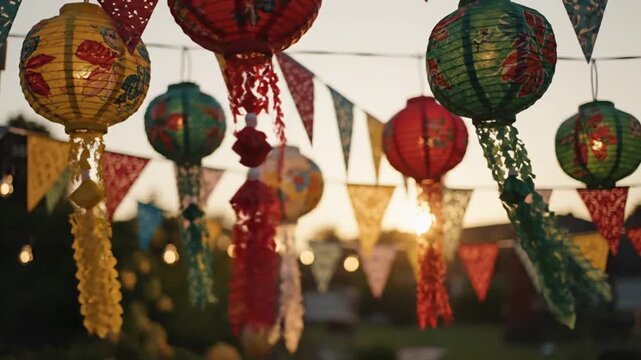 Colorful lanterns and triangular flags hung at outdoor evening festival with blurred background lights
