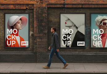 Urban poster mockup on brick city wall