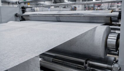 Industrial medium shot showing freshly knitted openwidth fabric stretching under tension as it is carefully wound onto rolls during production.