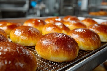 Brioche buns with a golden glaze resting on a cooling rack in a bakery
