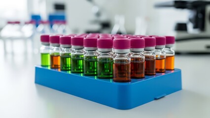 Precisely aligned magenta-capped vials containing colorful liquids in a scientific laboratory setting, ready for analysis or research.