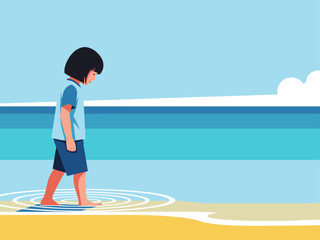 A young child walks mindfully on a beach, focusing on the present moment.  A serene coastal scene with a calm ocean backdrop.  Illustrative style, soft colors, promotes well-being.