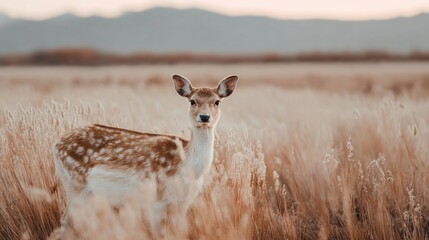 Elegant fallow deer portrait in a field of golden grass with mountain view