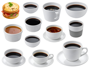 Bowls and cups of coffee and sandwich Transparent Background
