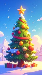 Festive Christmas Tree in Winter Wonderland - A Joyful Holiday Scene.