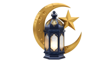 Golden crescent moon with lantern and star isolated Ramadan Islamic decoration luxury premium 3D illustration