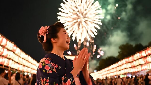 Young woman in traditional Japanese kimono watching fireworks display at nighttime festival