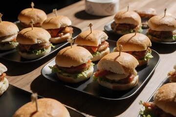 A table topped with trays of mini sandwiches