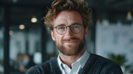 Happy male executive company owner corporate manager leader in office, confident smiling business man professional coach wear glasses stand arms crossed staring at camera.