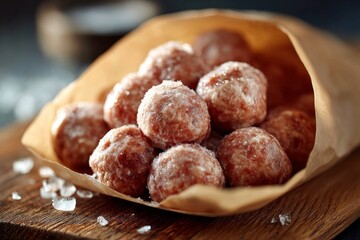 Frozen raw meatballs spilling from a paper bag onto a wooden board