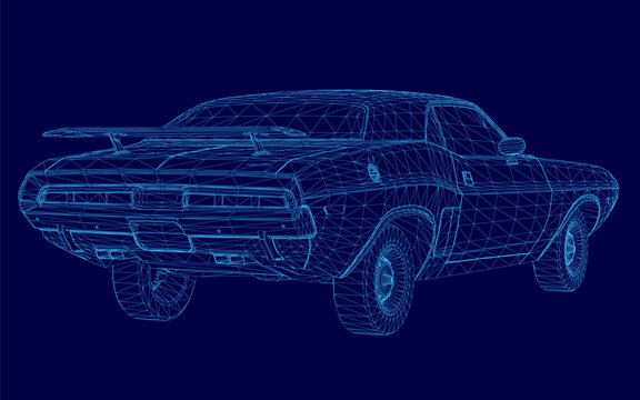 A low poly wireframe model of a classic muscle car sits isolated on a solid blue background.
