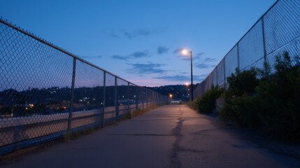 Fototapeta premium Peaceful Elevated Walkway at Dawn with Lingering Crowds and Softly-lit Surroundings