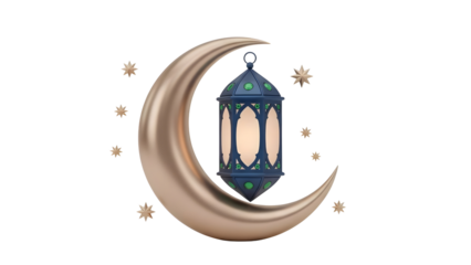 Golden crescent moon with hanging lantern isolated Ramadan Islamic decoration luxury premium festive 3D illustration
