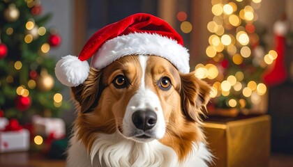 Festive Dog Portrait - Christmas Cheer with Santa Hat and Bokeh Lights.