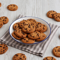 Homemade Chocolate Chip Cookies on a Plate, low angle view.