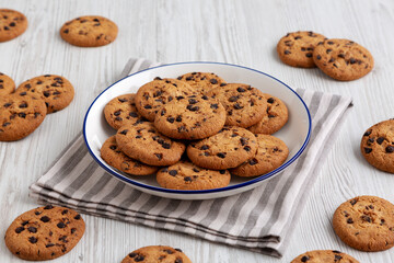 Homemade Chocolate Chip Cookies on a Plate, low angle view.