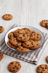 Homemade Chocolate Chip Cookies on a Plate, low angle view.
