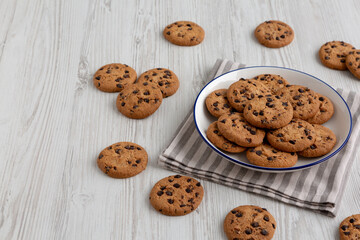 Homemade Chocolate Chip Cookies on a Plate, side view. Copy space.