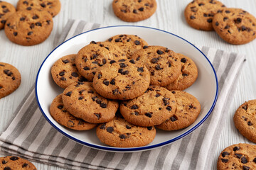 Homemade Chocolate Chip Cookies on a Plate, side view. Close-up.