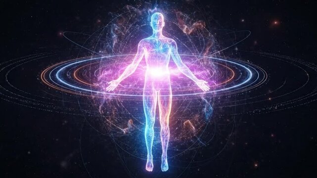 Glowing human figure with radiant energy field and light waves representing spiritual power wellness and cosmic connection concept