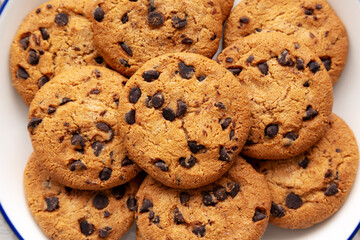 Homemade Chocolate Chip Cookies on a Plate, top view.