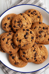 Homemade Chocolate Chip Cookies on a Plate, top view.