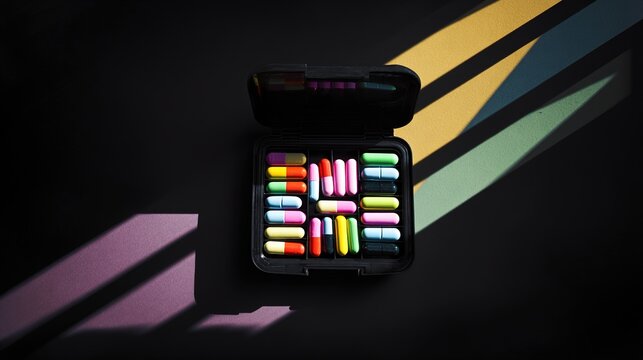 oligarchy. Pill organizer with tablets in sequence, clinical top view, geometric arrangement. STEM education sheets, lab safety posters, designed for biotech research communications.