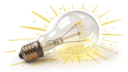 A semi realistic illustration of a glowing incandescent light bulb with a bright yellow sunburst on a white