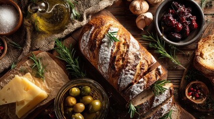 Rustic European bread selection with artisanal cheese and various Mediterranean snacks