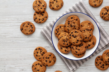 Homemade Chocolate Chip Cookies on a Plate, top view. Flat lay, overhead.