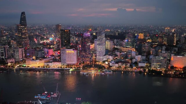 Aerial view of Ba Son Bridge at night in downtown Ho Chi Minh City, connecting District 1 and Thu Duc district