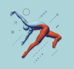 Man is dancing. Gymnastics activities. The concept of goal striving. Sports symbol. Stipple effect. Dividing the body into two parts by color. The arrows show upward movement. Vector illustration.