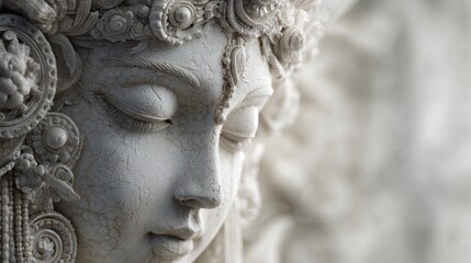 Intricate stone carving of a serene deity face with closed eyes in soft light