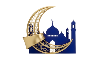 Golden crescent moon framing mosque silhouette isolated Ramadan Islamic decoration luxury premium 3D illustration background