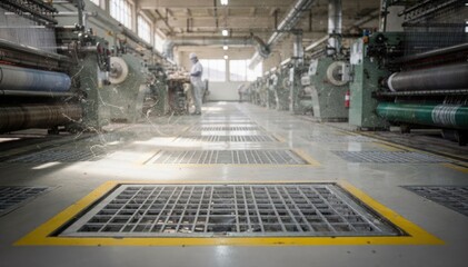 View of floorlevel dust return grates in a weaving workshop capturing airborne fibers as part of an integrated plantwide dust control system.