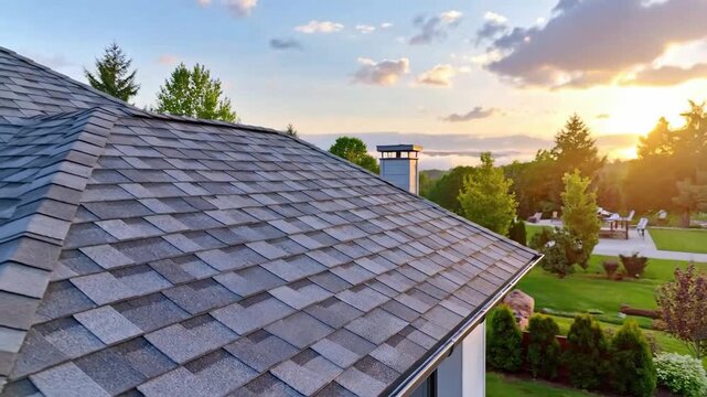 Close-up of a roof with asphalt shingles, showcasing texture and design against a sunset.