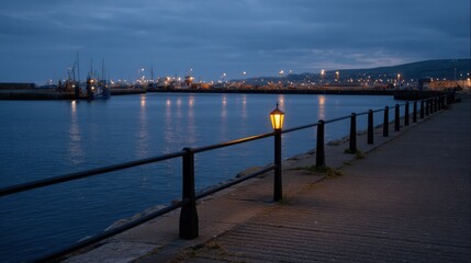 Fototapeta premium Dim Evening Glow at Harbor Edge with Warning Lamp by Water’s Edge