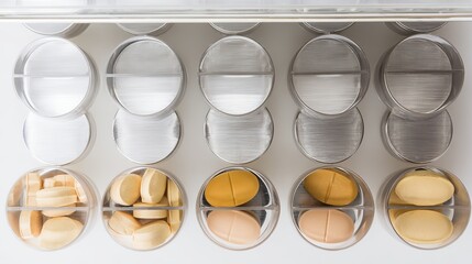 oligarchy. Pill organizer with tablets in sequence, clinical top view, geometric arrangement. STEM education sheets, lab safety posters, designed for biotech research communications.