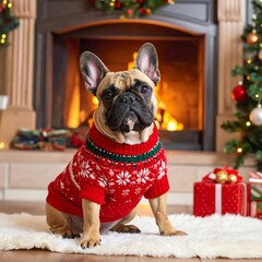Festive French Bulldog in Christmas Sweater by Fireplace.