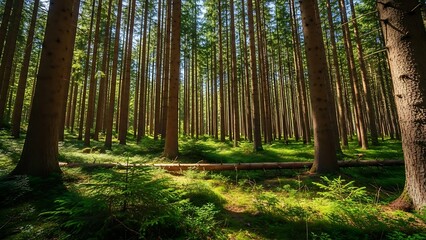 Obraz premium Tall trees stand in a serene forest with sunlight filtering through the dense foliage on a peaceful day 20260107_224207_900.jpg